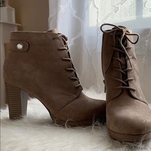 Taupe colored lace up high heel booties